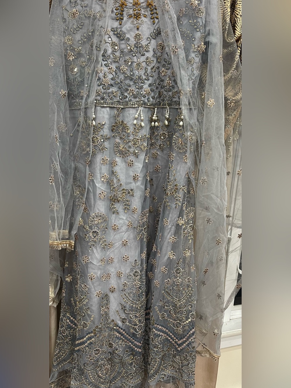 Embellished Maxi Dress in Gray & Gold